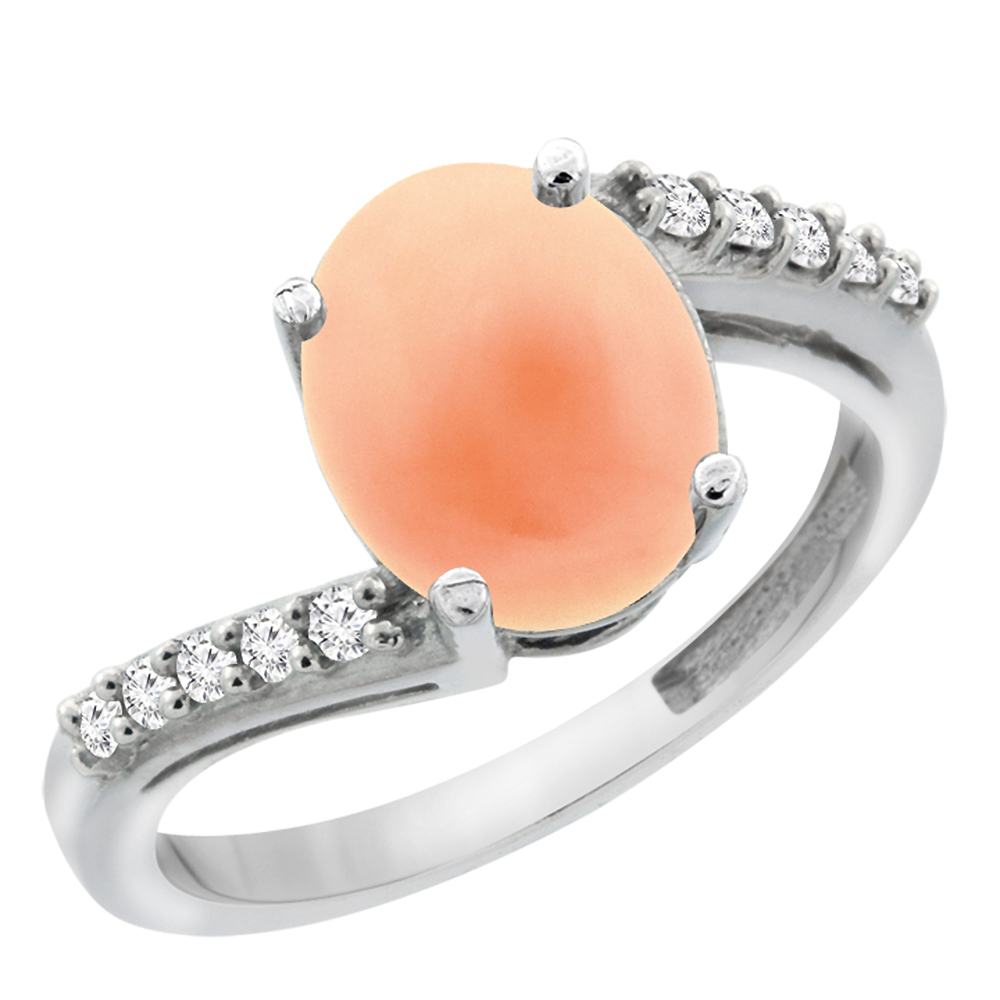 14K White Gold Diamond Natural Coral Engagement Ring Oval 10x8mm, sizes 5-10