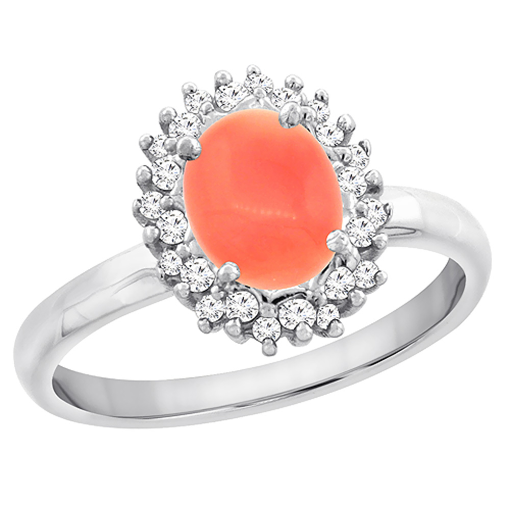 10K Yellow Gold Diamond Natural Coral Engagement Ring Oval 7x5mm, sizes 5 - 10