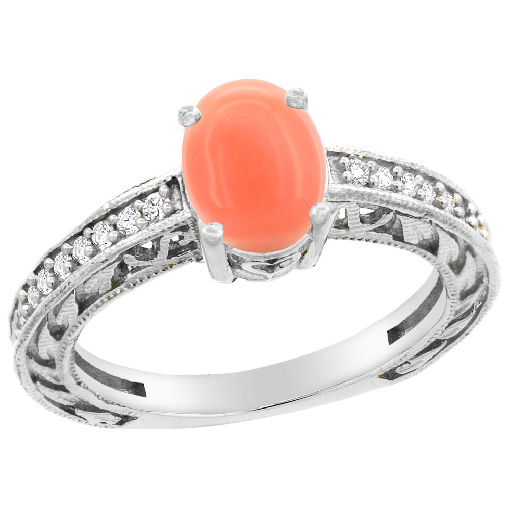 14K Gold Natural Coral Ring Oval 8x6 mm Diamond Accents, sizes 5 - 10