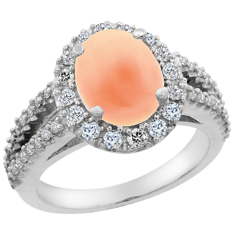 14K White Gold Diamond Natural Coral Engagement Ring Oval 10x8mm, sizes 5-10