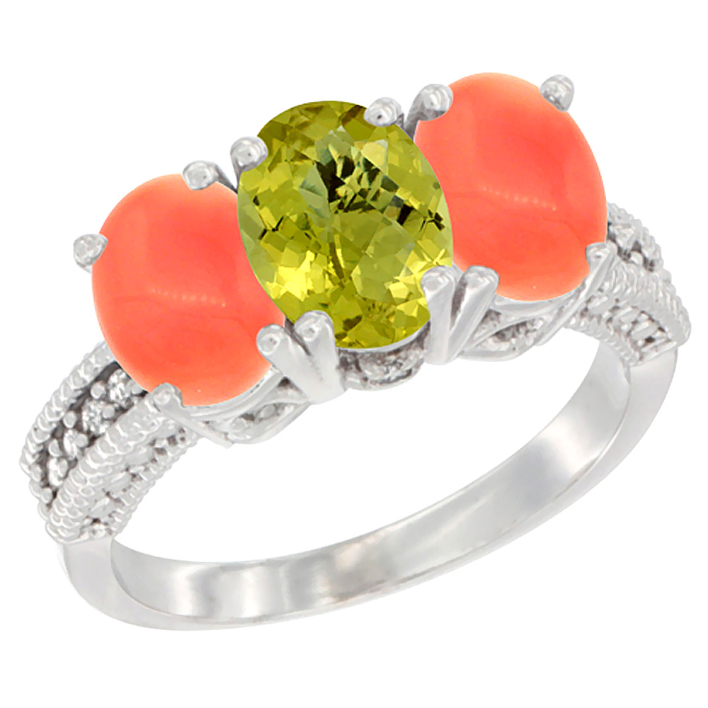 14K White Gold Natural Lemon Quartz Ring with Coral 3-Stone 7x5 mm Oval Diamond Accent, sizes 5 - 10