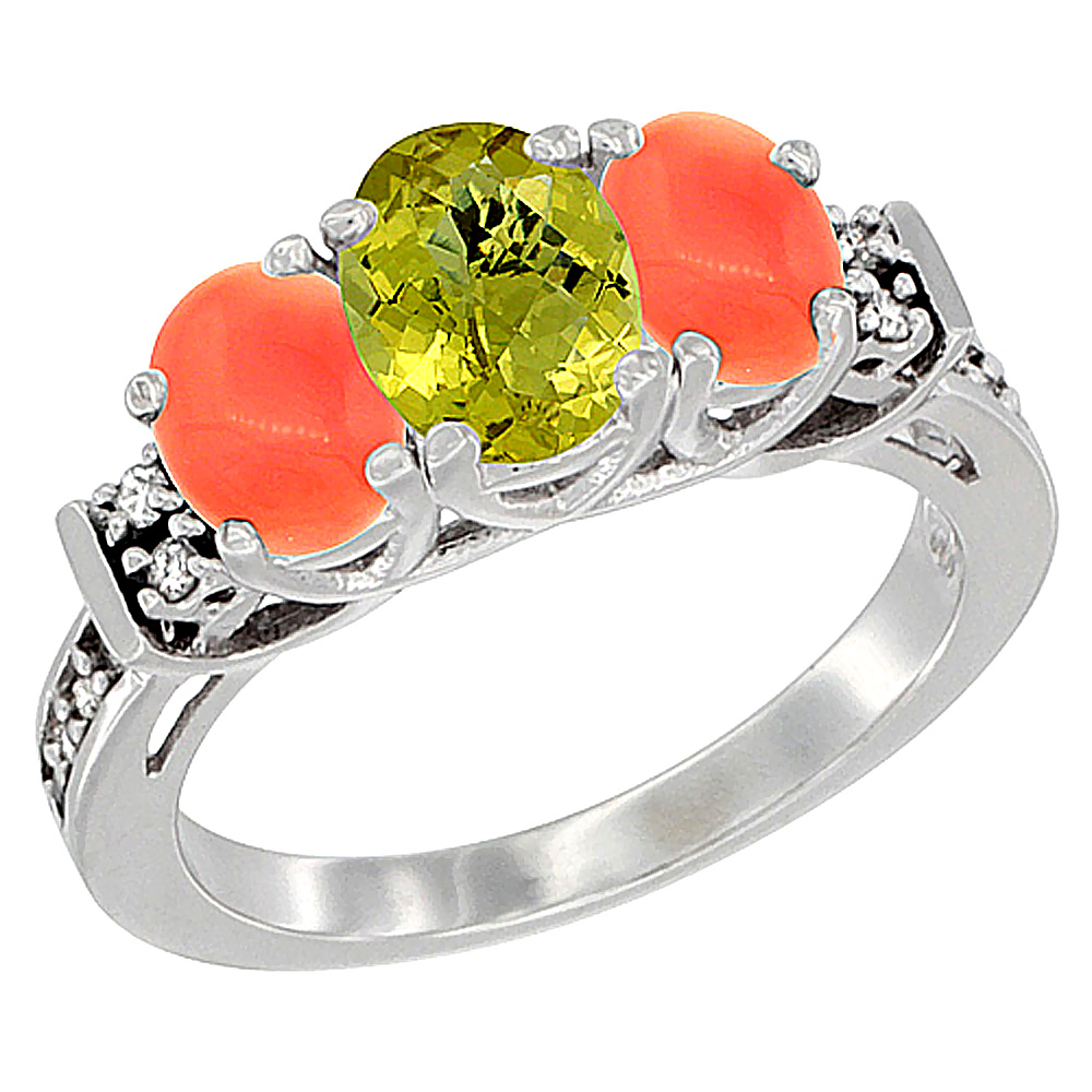 10K White Gold Natural Lemon Quartz & Coral Ring 3-Stone Oval Diamond Accent, sizes 5-10