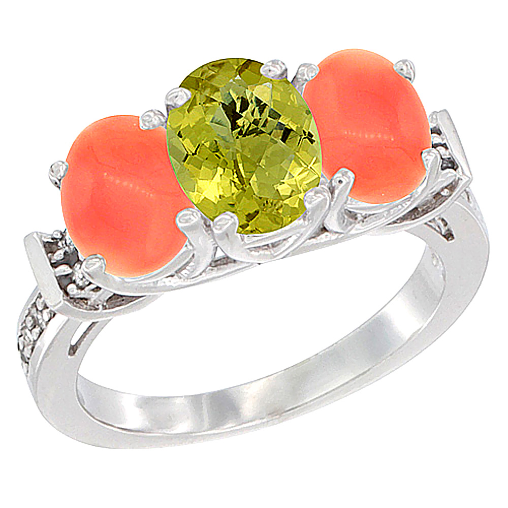 10K White Gold Natural Lemon Quartz & Coral Sides Ring 3-Stone Oval Diamond Accent, sizes 5 - 10