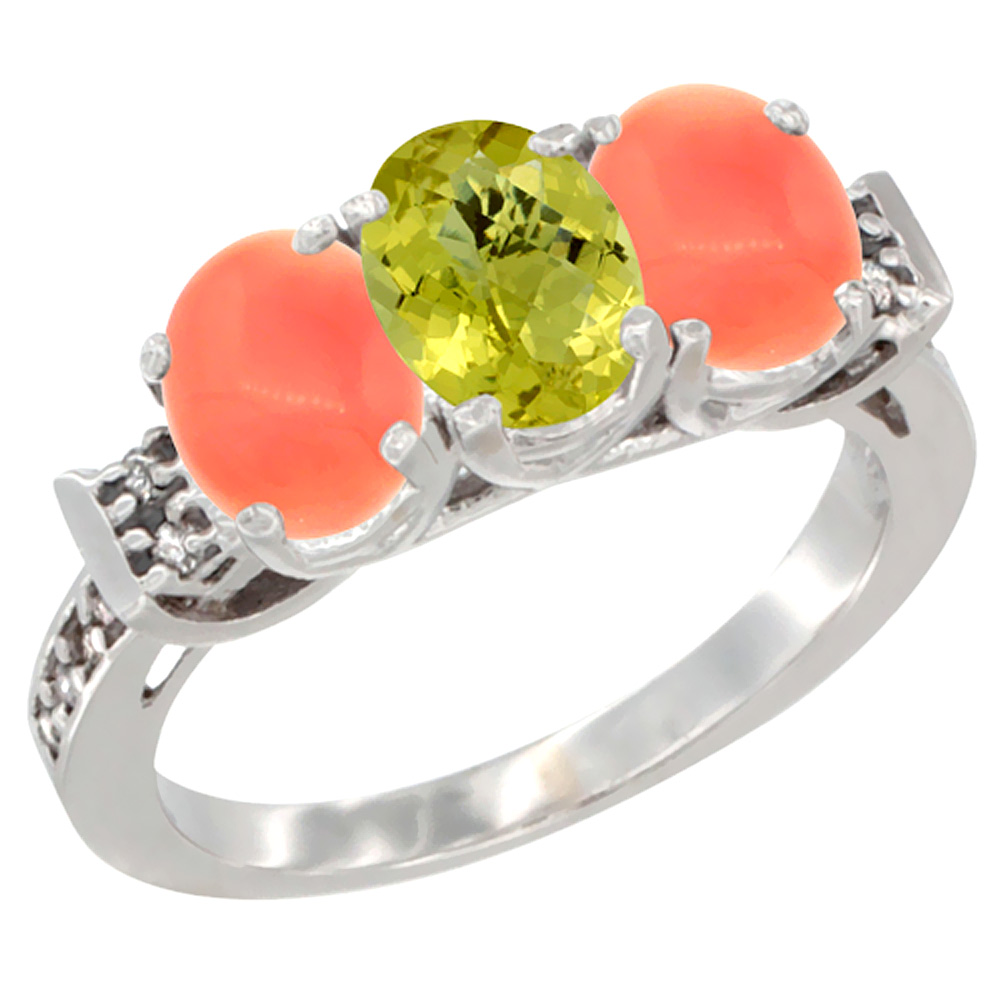 14K White Gold Natural Lemon Quartz &amp; Coral Ring 3-Stone 7x5 mm Oval Diamond Accent, sizes 5 - 10