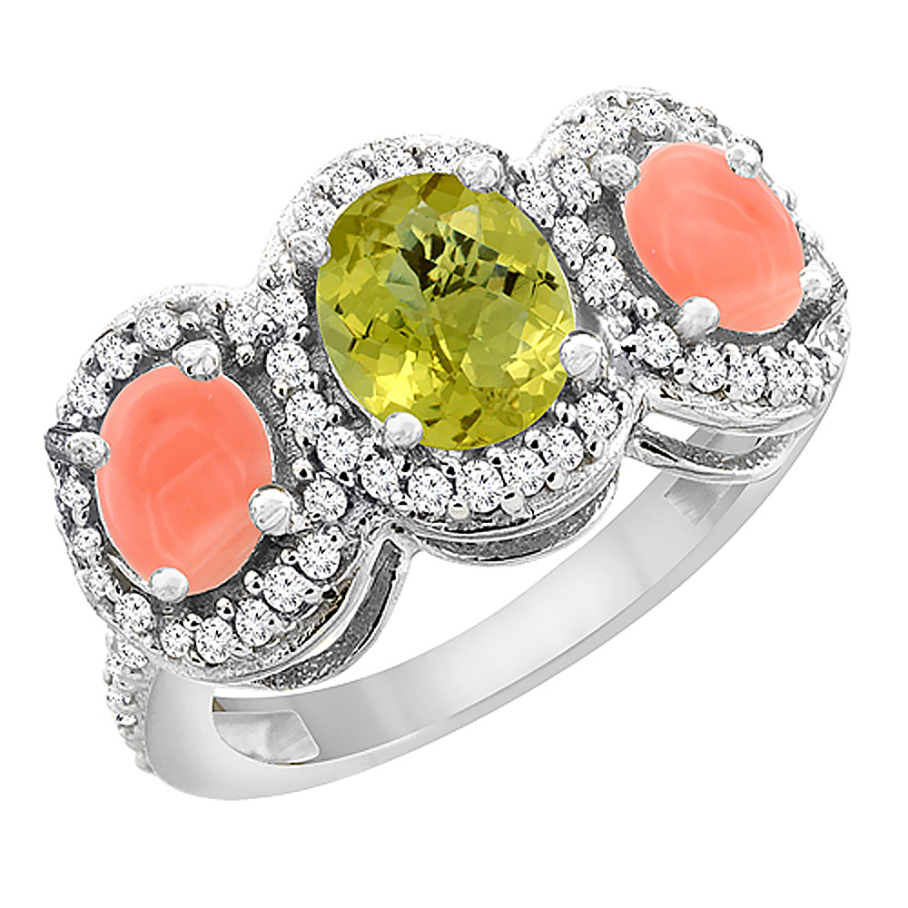 14K White Gold Natural Lemon Quartz & Coral 3-Stone Ring Oval Diamond Accent, sizes 5 - 10