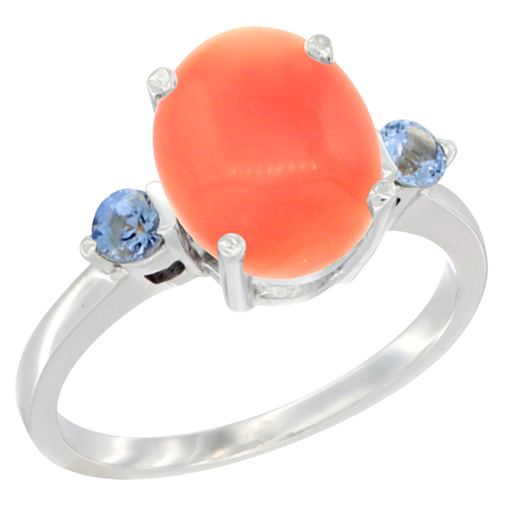 14K White Gold 10x8mm Oval Natural Coral Ring for Women Light Blue Sapphire Side-stones sizes 5 - 10