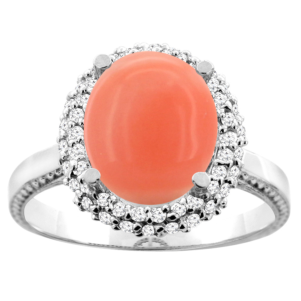 10K White/Yellow Gold Natural Coral Double Halo Ring Oval 10x8mm Diamond Accent, sizes 5 - 10