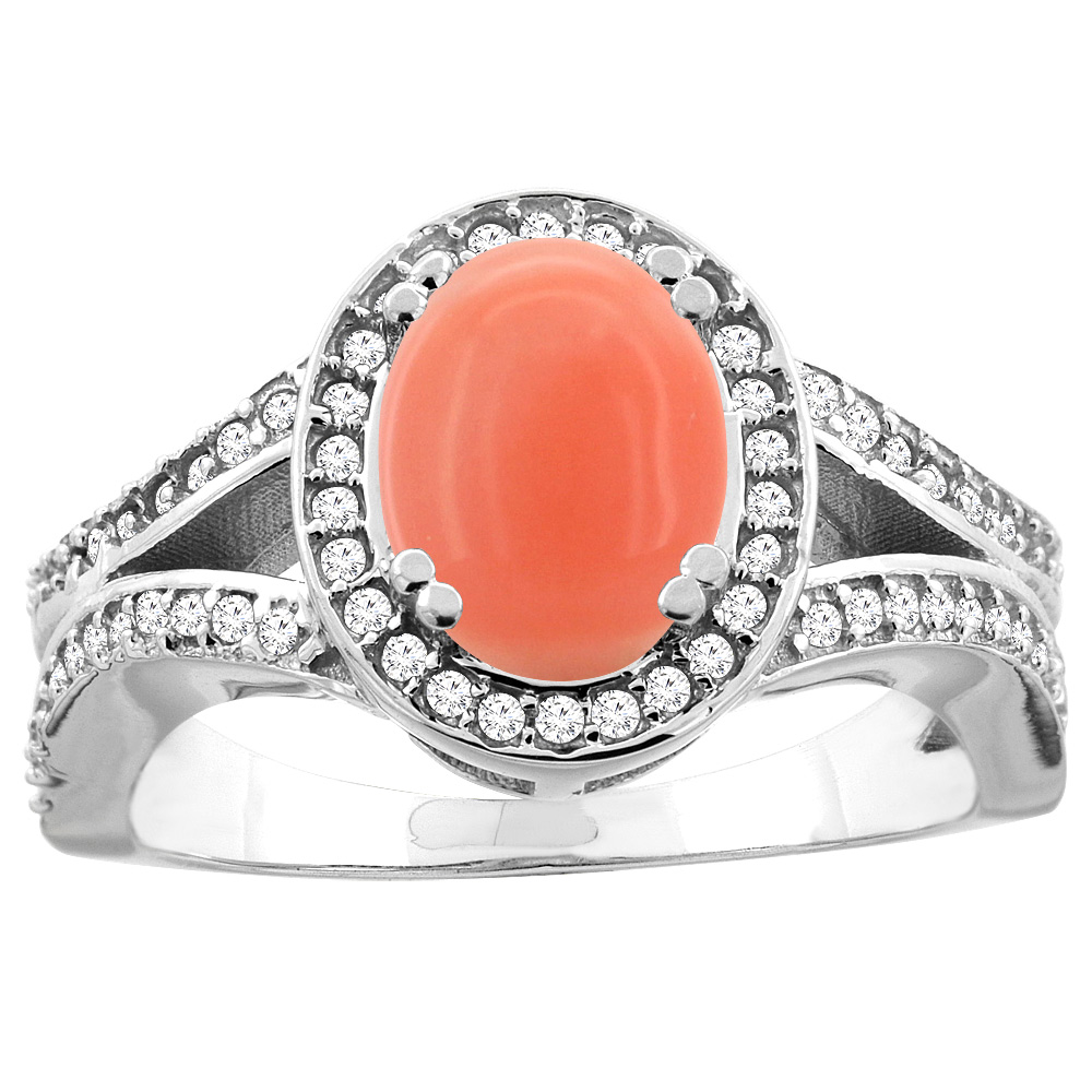 14k Gold Diamond Halo Genuine Coral Ring Split Shank Oval 8x6mm, size 5-10