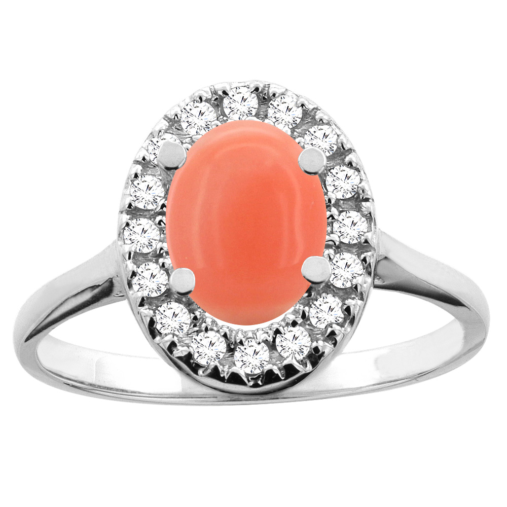 10K White/Yellow Gold Natural Coral Ring Oval 8x6mm Diamond Accent, sizes 5 - 10