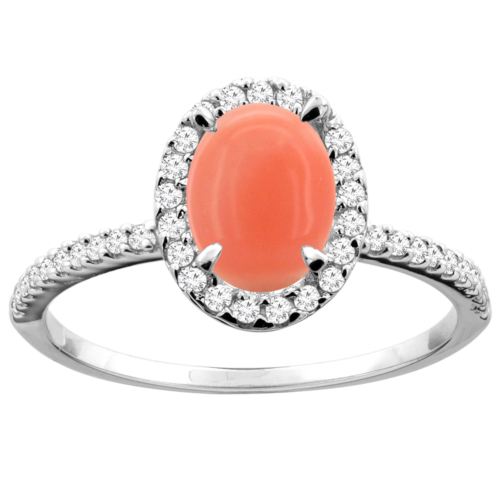 14K White/Yellow Gold Natural Coral Ring Oval 8x6mm Diamond Accent, sizes 5 - 10