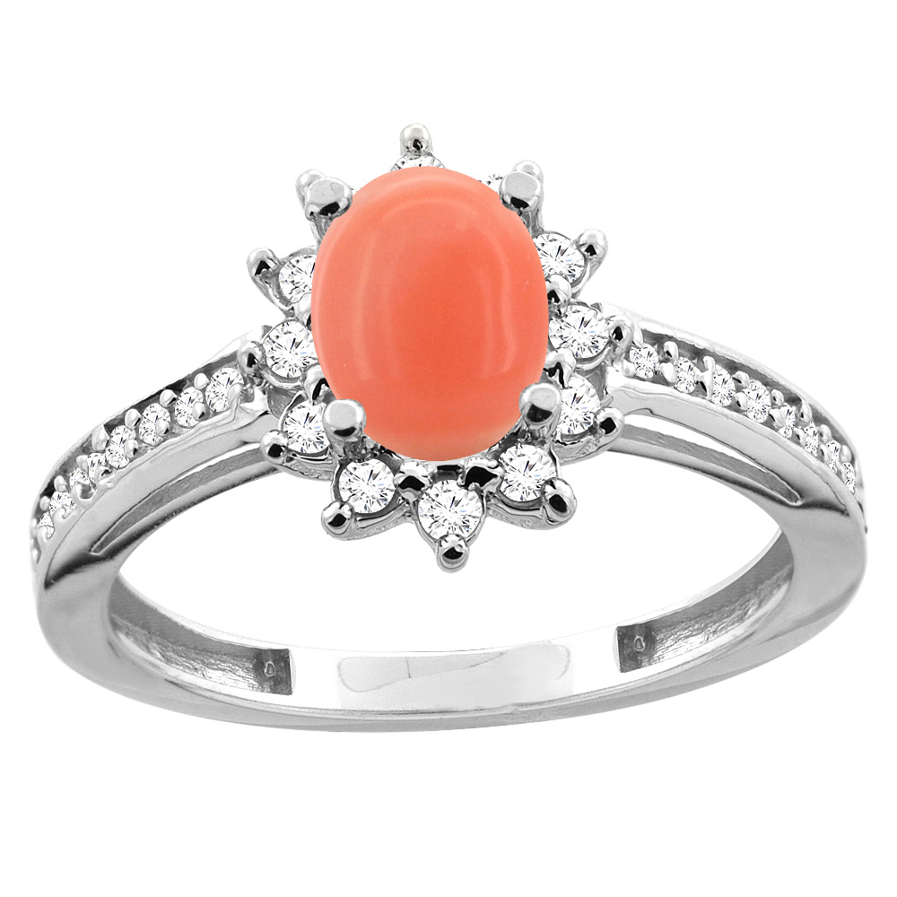10K White/Yellow Gold Diamond Natural Coral Floral Halo Engagement Ring Oval 7x5mm, sizes 5 - 10