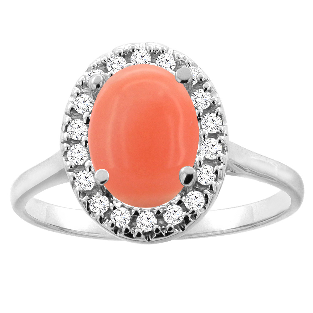 10K Gold Natural Coral Halo Ring Oval 9x7mm Diamond Accent, sizes 5 - 10