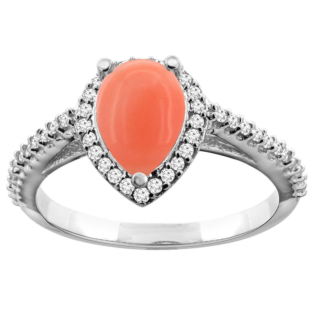 14K White Gold Natural Coral Ring Pear 9x7mm Diamond Accents, sizes 5 - 10
