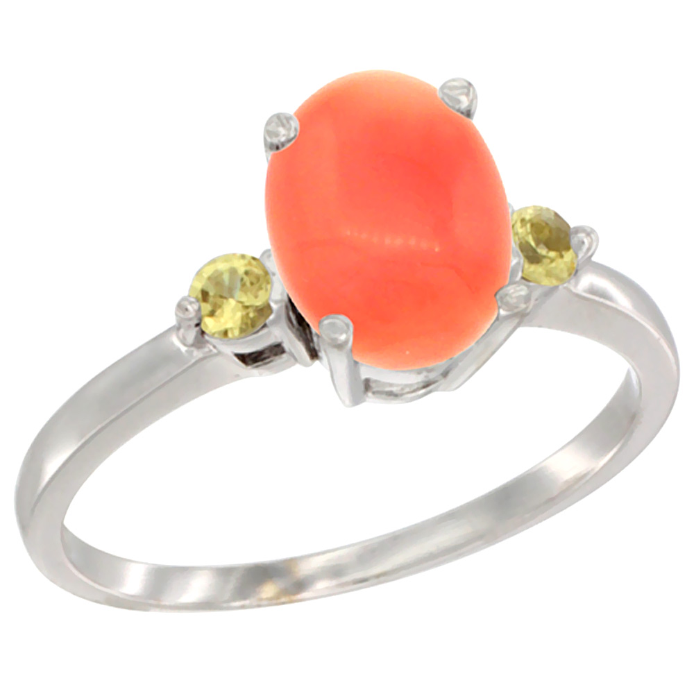10K White Gold Natural Coral Ring Oval 9x7 mm Yellow Sapphire Accent, sizes 5 to 10