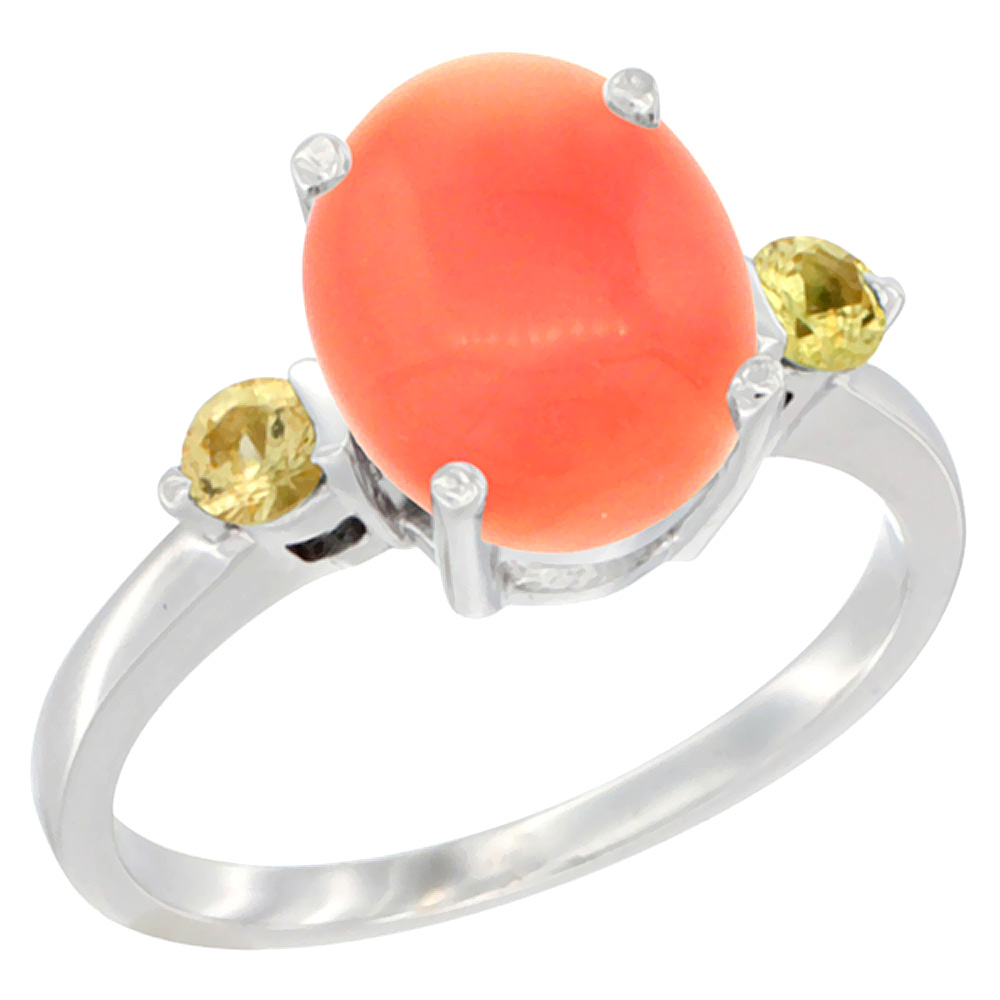 10K White Gold 10x8mm Oval Natural Coral Ring for Women Yellow Sapphire Side-stones sizes 5 - 10