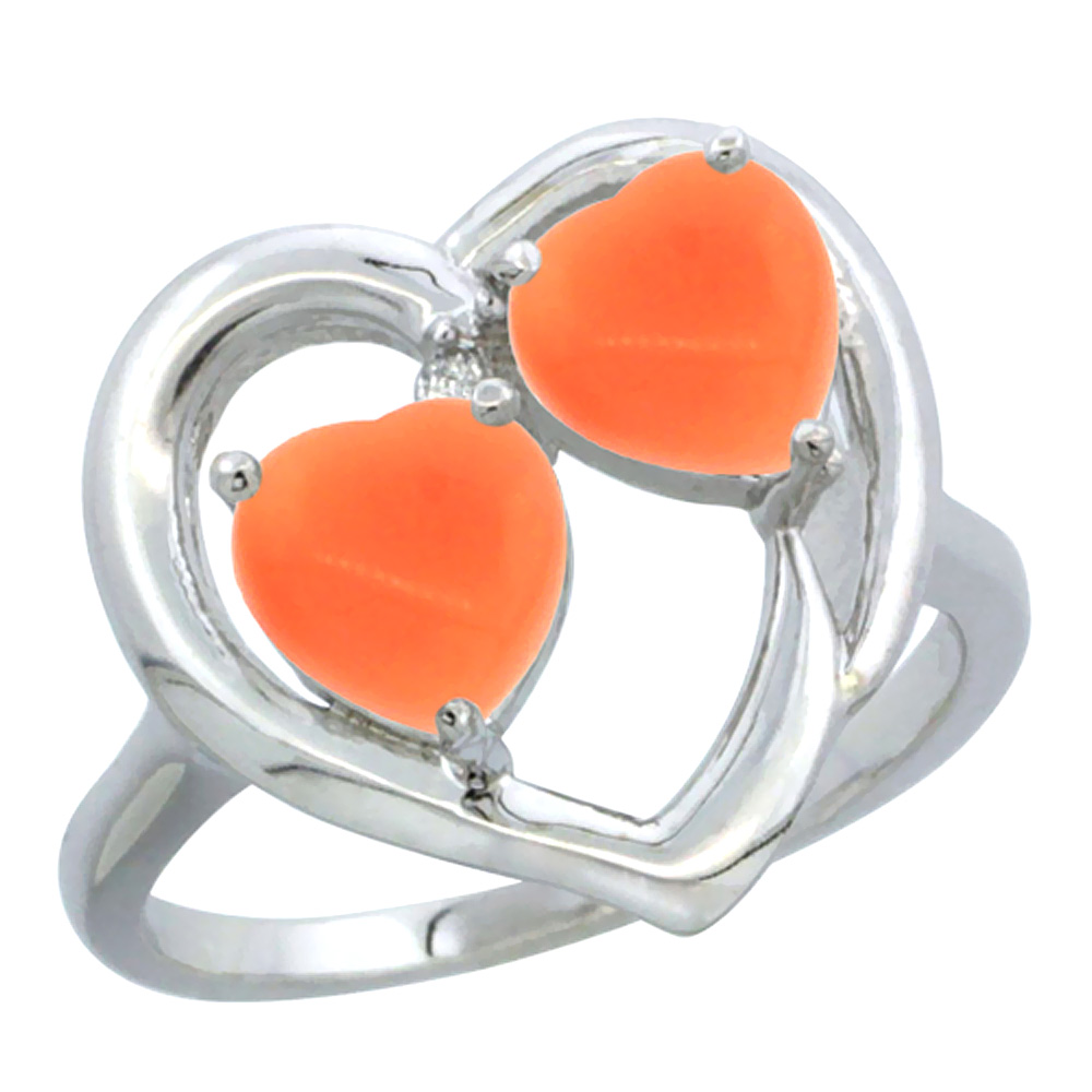 14K White Gold Diamond Two-stone Heart Ring 6mm Natural Coral, sizes 5-10