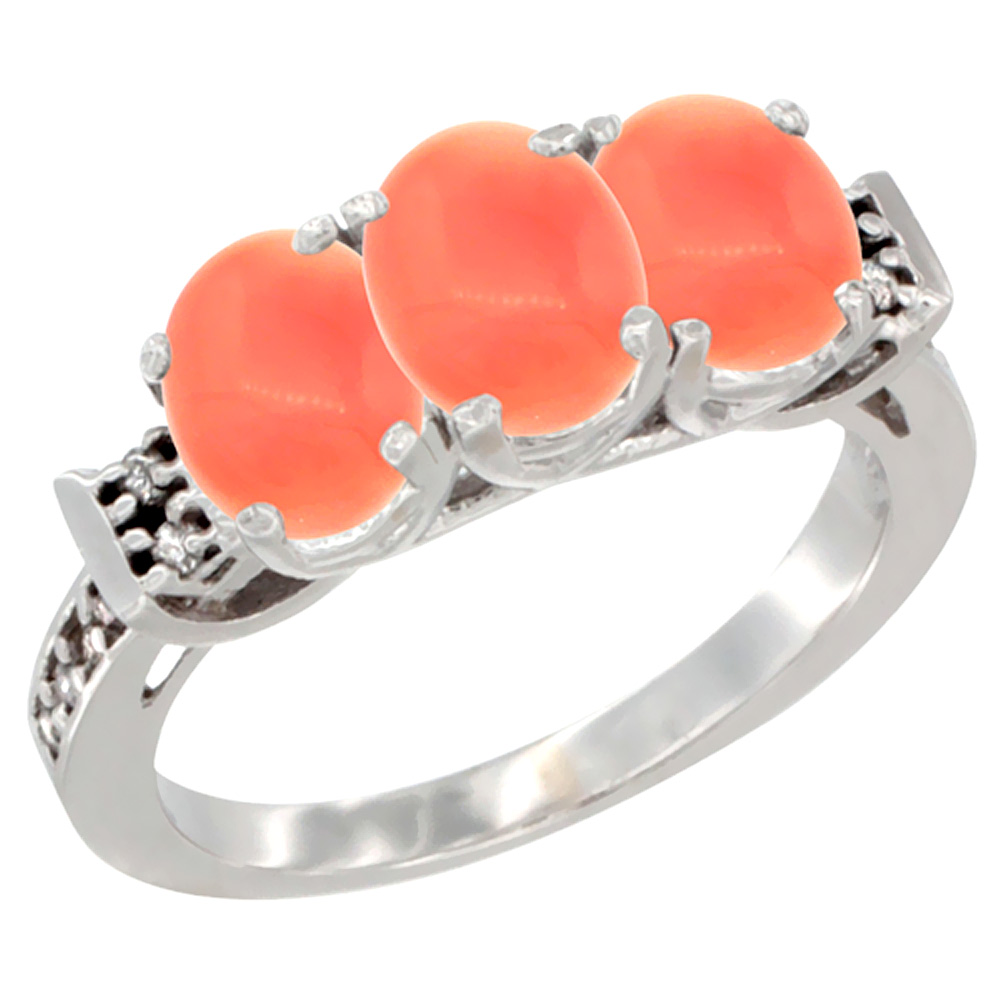 14K White Gold Natural Coral Ring 3-Stone 7x5 mm Oval Diamond Accent, sizes 5 - 10