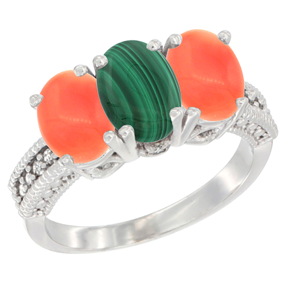 10K White Gold Diamond Natural Malachite &amp; Coral Ring 3-Stone 7x5 mm Oval, sizes 5 - 10