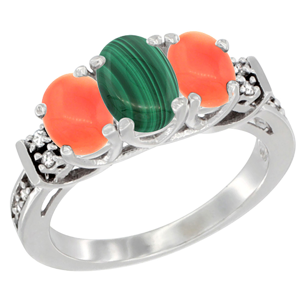 10K White Gold Natural Malachite & Coral Ring 3-Stone Oval Diamond Accent, sizes 5-10