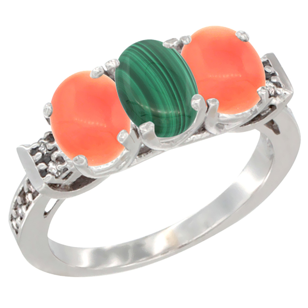 14K White Gold Natural Malachite & Coral Ring 3-Stone 7x5 mm Oval Diamond Accent, sizes 5 - 10