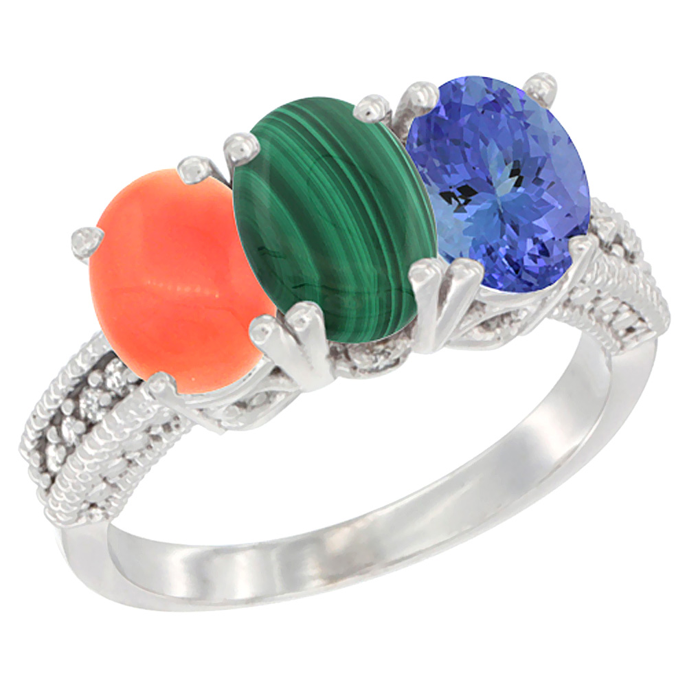 10K White Gold Diamond Natural Coral, Malachite &amp; Tanzanite Ring 3-Stone 7x5 mm Oval, sizes 5 - 10