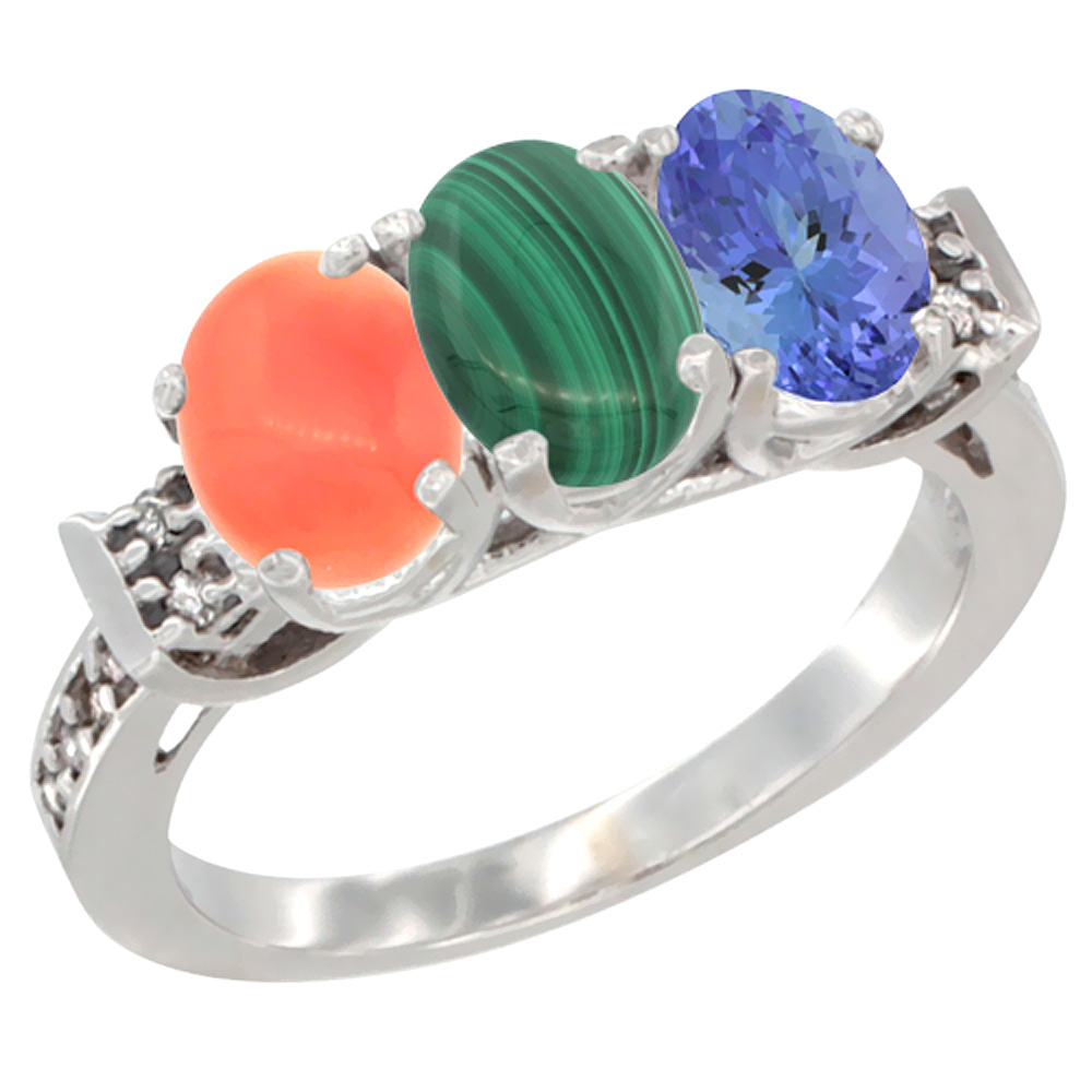 10K White Gold Natural Coral, Malachite & Tanzanite Ring 3-Stone Oval 7x5 mm Diamond Accent, sizes 5 - 10