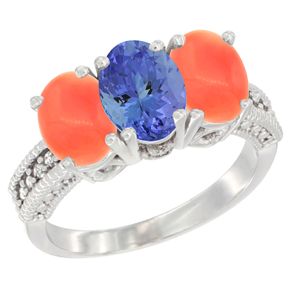 10K White Gold Diamond Natural Tanzanite &amp; Coral Ring 3-Stone 7x5 mm Oval, sizes 5 - 10