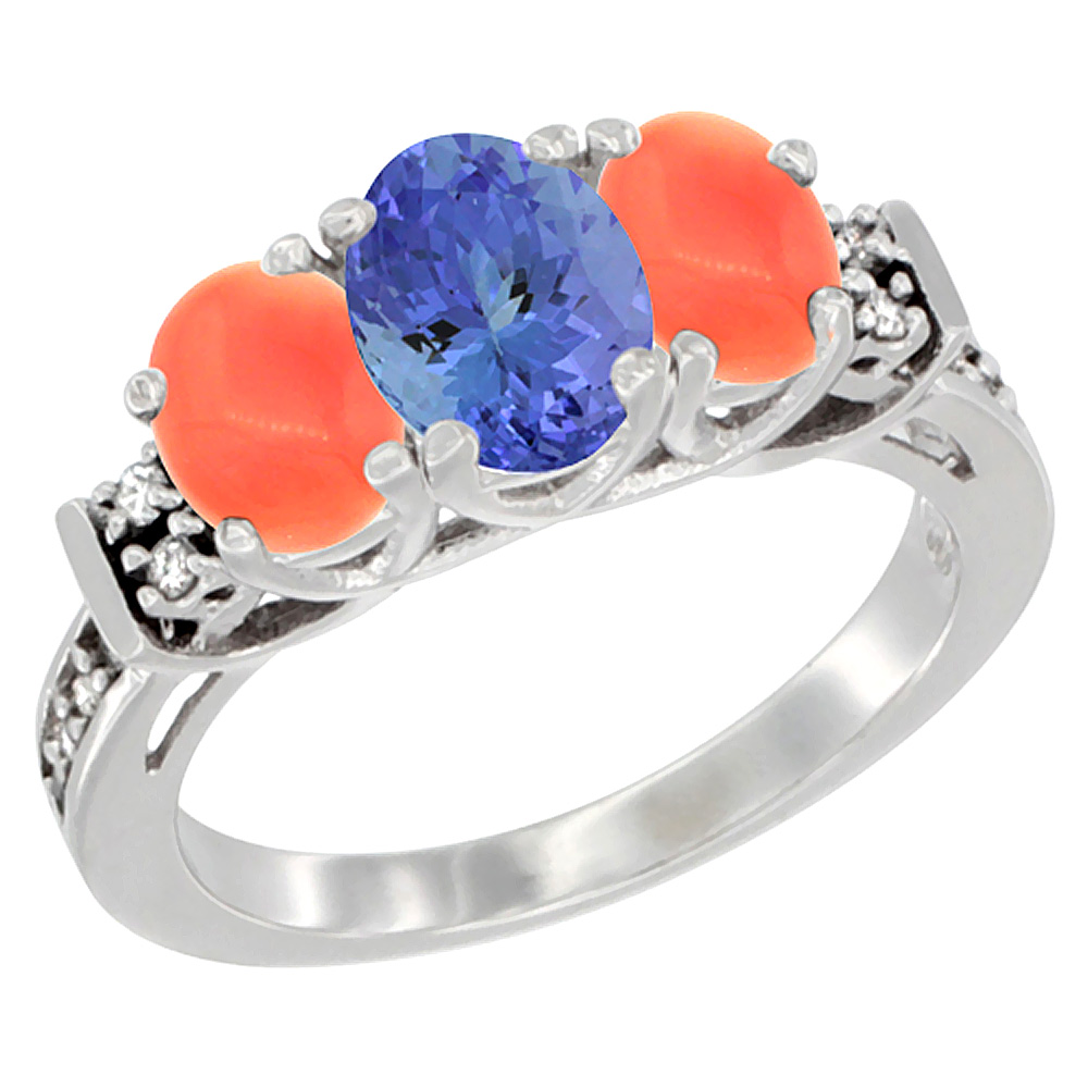 14K White Gold Natural Tanzanite & Coral Ring 3-Stone Oval Diamond Accent, sizes 5-10