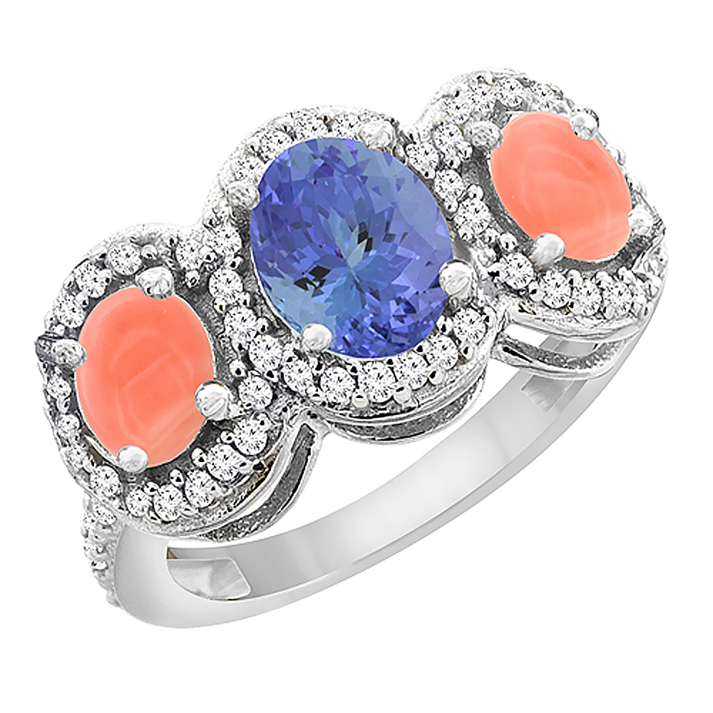 14K White Gold Natural Tanzanite & Coral 3-Stone Ring Oval Diamond Accent, sizes 5 - 10