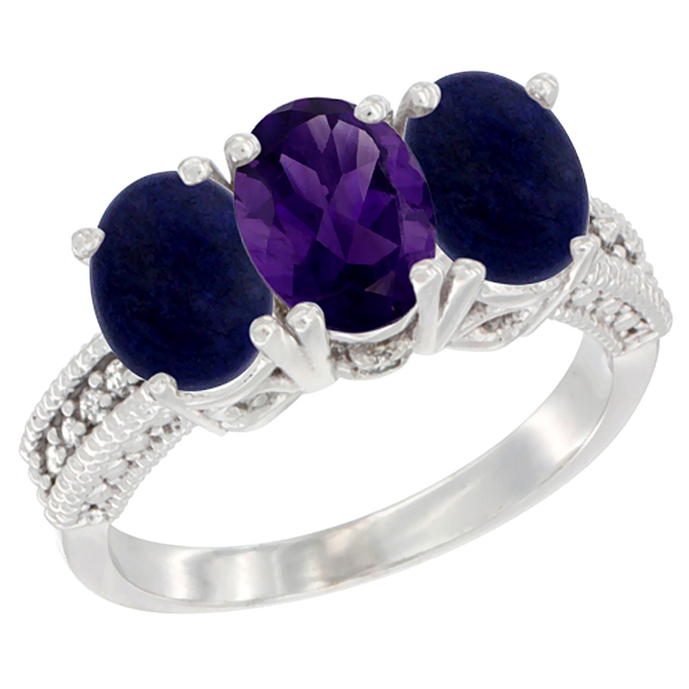 10K White Gold Diamond Natural Amethyst & Lapis Ring 3-Stone 7x5 mm Oval, sizes 5 - 10