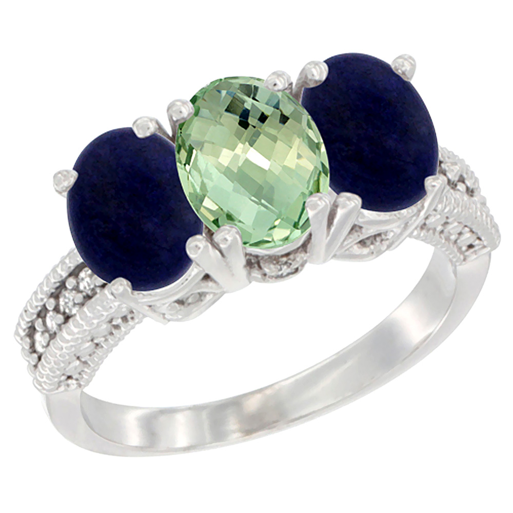 14K White Gold Natural Green Amethyst Ring with Lapis 3-Stone 7x5 mm Oval Diamond Accent, sizes 5 - 10