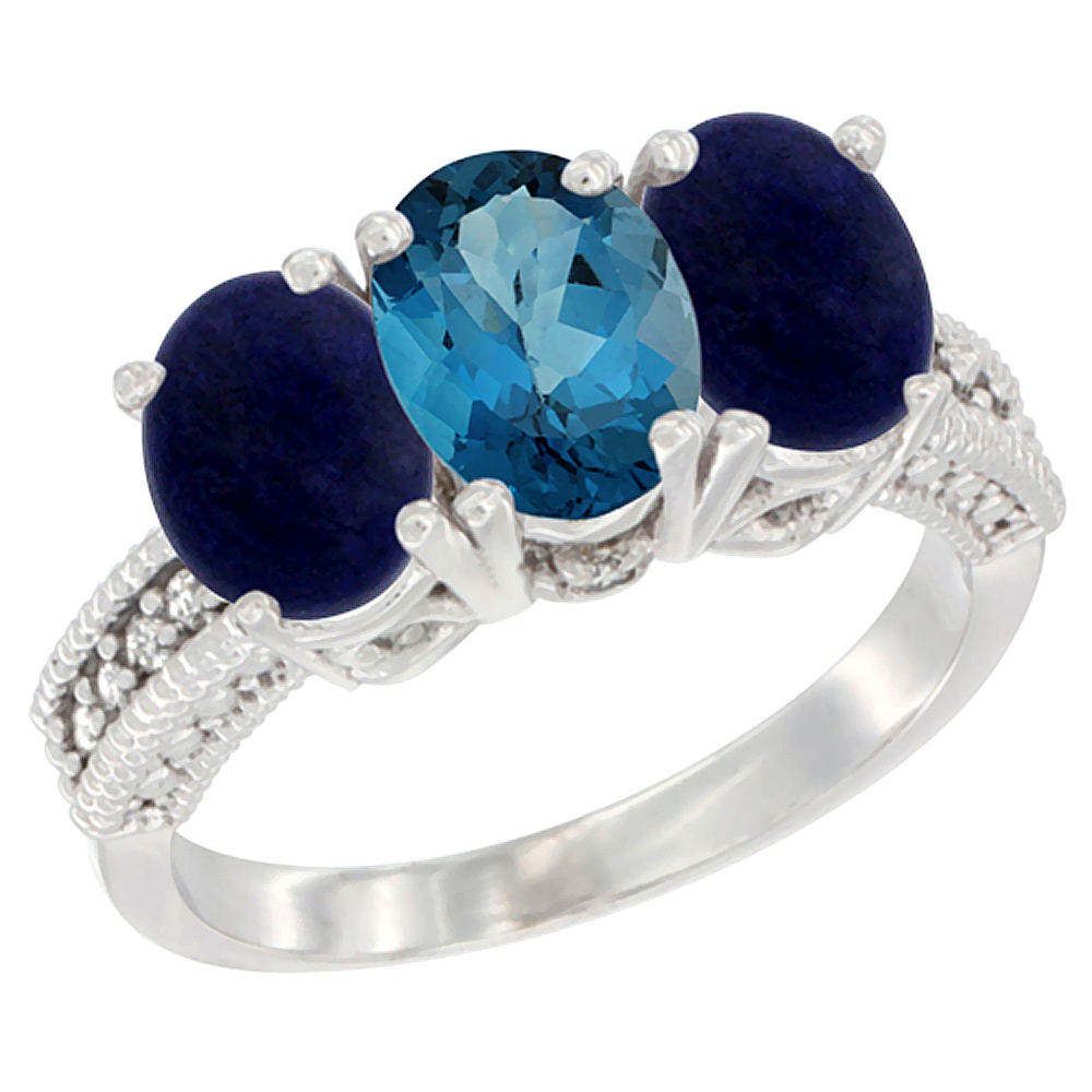 10K White Gold Diamond Natural London Blue Topaz &amp; Lapis Ring 3-Stone 7x5 mm Oval, sizes 5 - 10