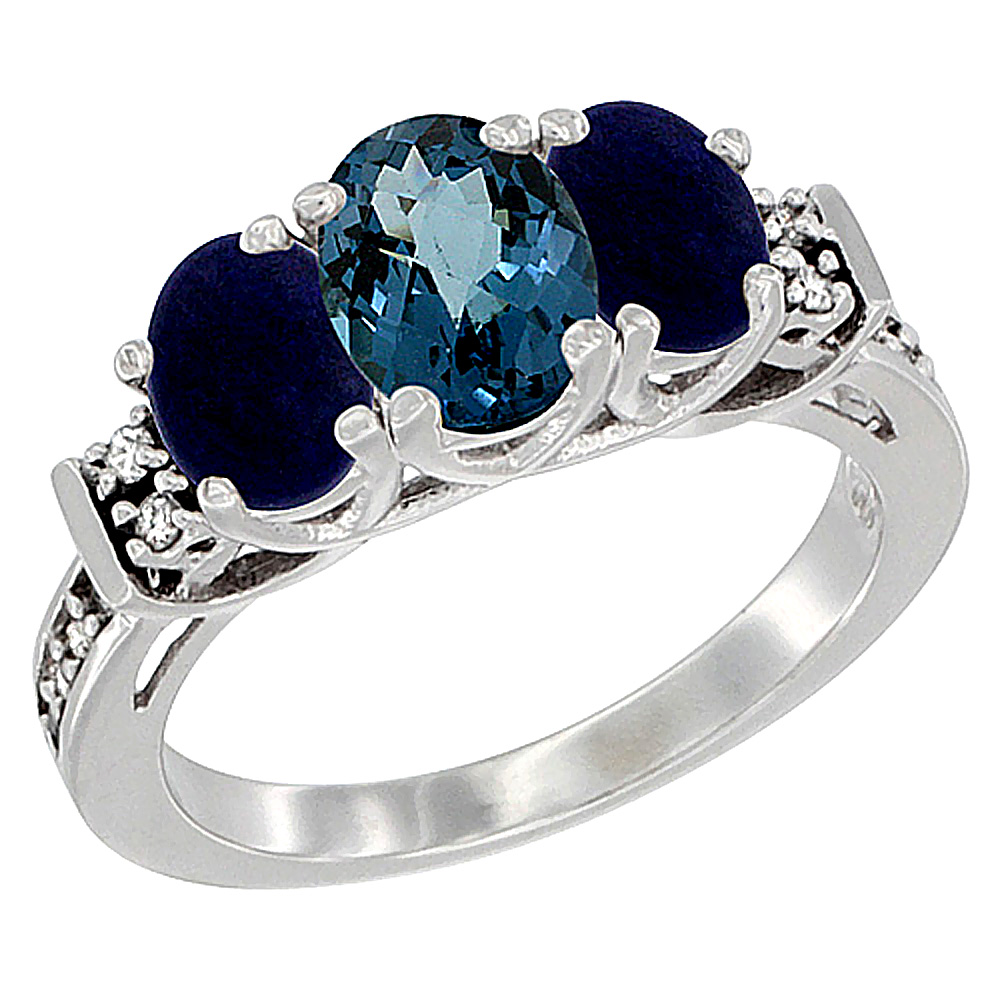 10K White Gold Natural London Blue Topaz &amp; Lapis Ring 3-Stone Oval Diamond Accent, sizes 5-10