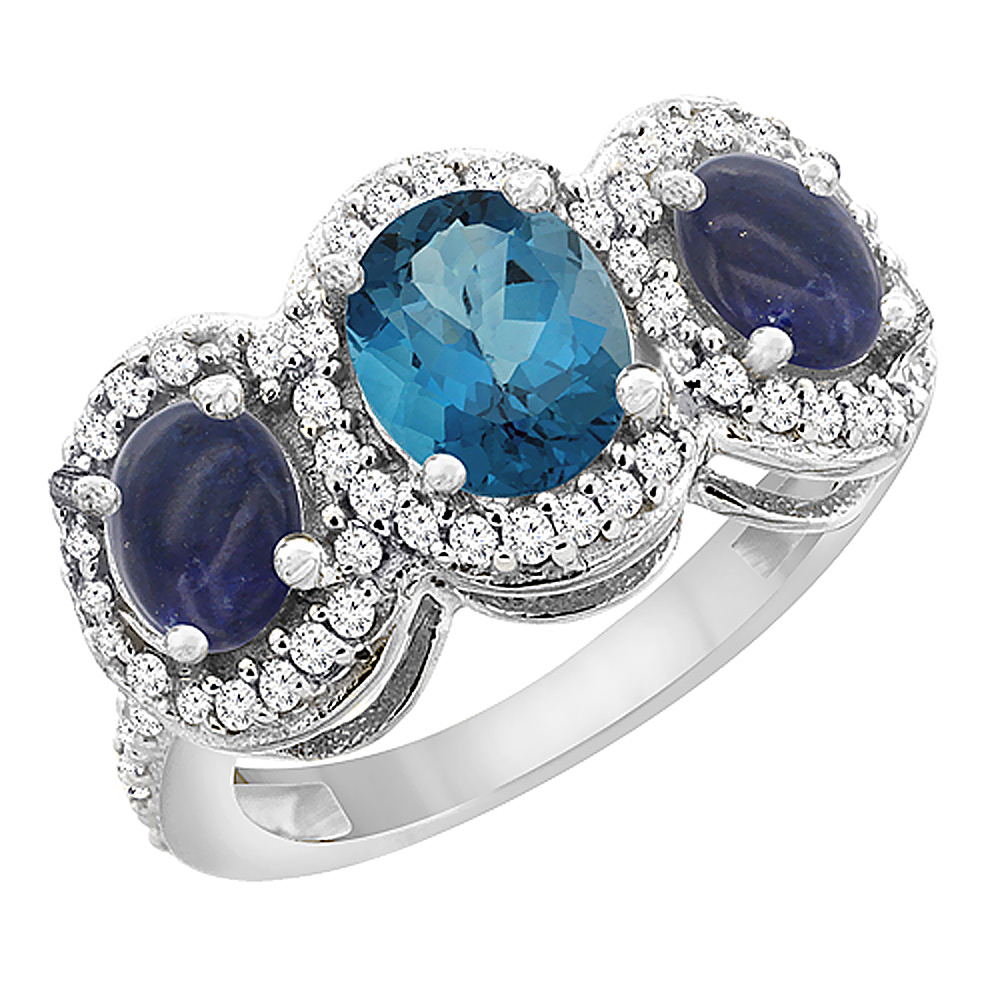 14K White Gold Natural London Blue Topaz &amp; Lapis 3-Stone Ring Oval Diamond Accent, sizes 5 - 10