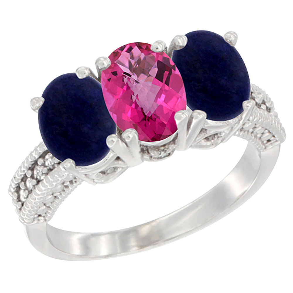 10K White Gold Diamond Natural Pink Topaz & Lapis Ring 3-Stone 7x5 mm Oval, sizes 5 - 10