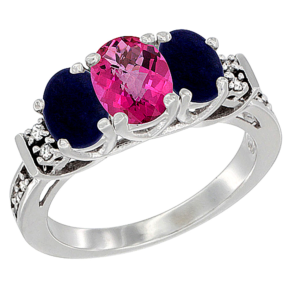 10K White Gold Natural Pink Topaz & Lapis Ring 3-Stone Oval Diamond Accent, sizes 5-10