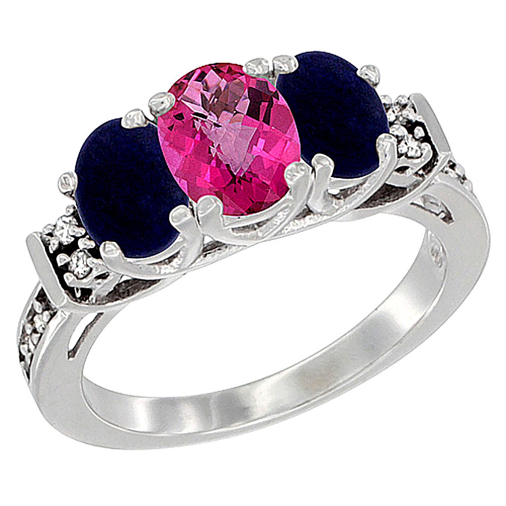 14K White Gold Natural Pink Topaz & Lapis Ring 3-Stone Oval Diamond Accent, sizes 5-10