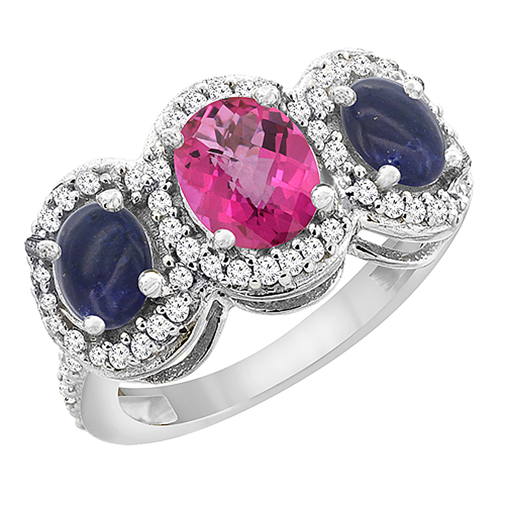 14K White Gold Natural Pink Topaz &amp; Lapis 3-Stone Ring Oval Diamond Accent, sizes 5 - 10