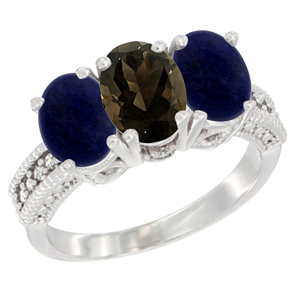 10K White Gold Diamond Natural Smoky Topaz & Lapis Ring 3-Stone 7x5 mm Oval, sizes 5 - 10