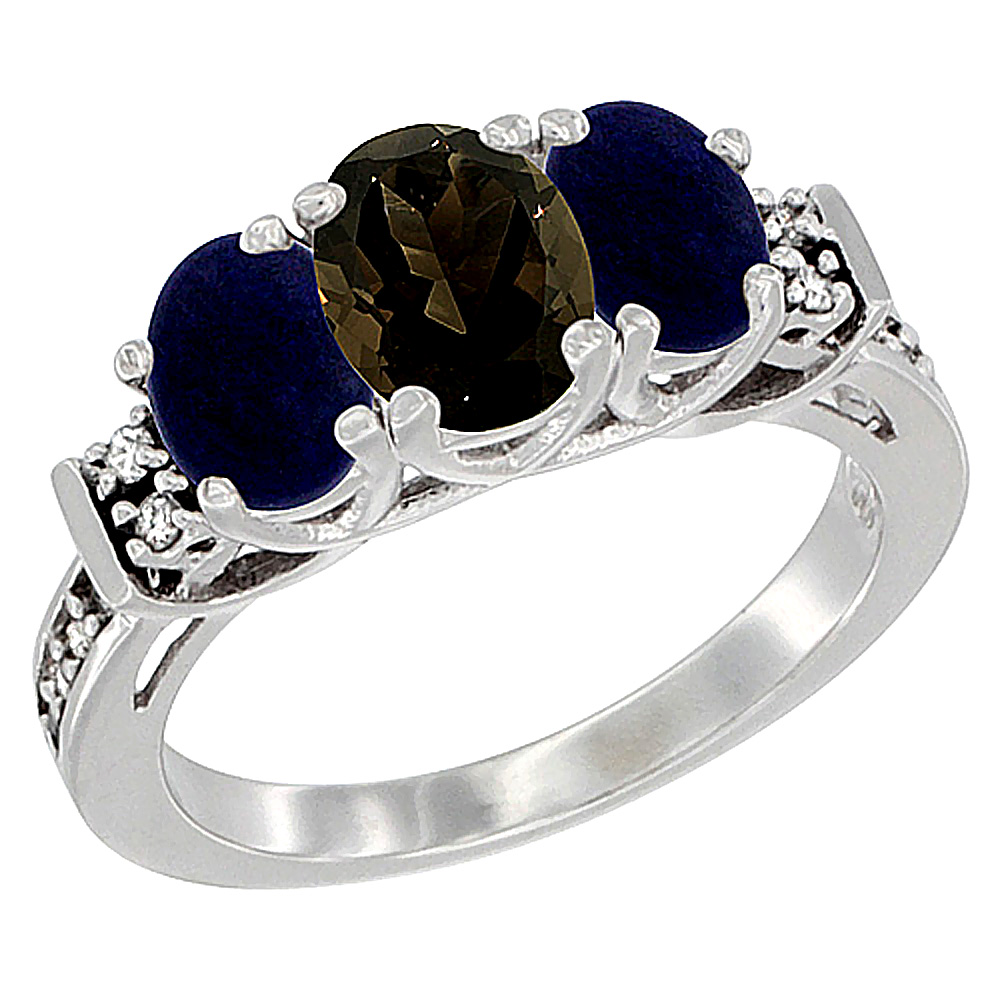 14K White Gold Natural Smoky Topaz & Lapis Ring 3-Stone Oval Diamond Accent, sizes 5-10