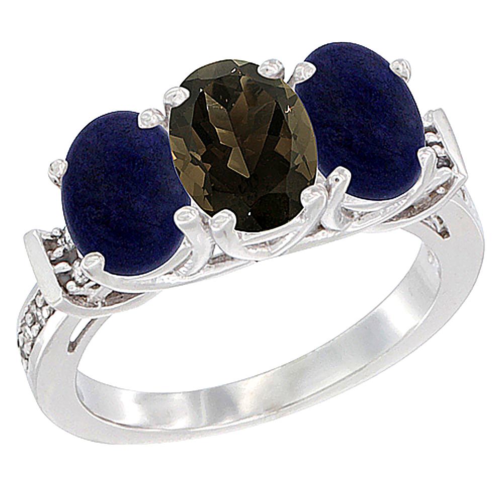 10K White Gold Natural Smoky Topaz & Lapis Sides Ring 3-Stone Oval Diamond Accent, sizes 5 - 10