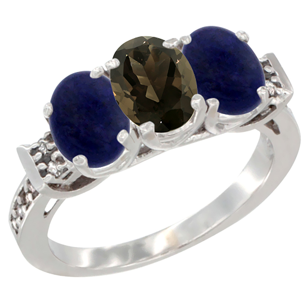 10K White Gold Natural Smoky Topaz & Lapis Sides Ring 3-Stone Oval 7x5 mm Diamond Accent, sizes 5 - 10