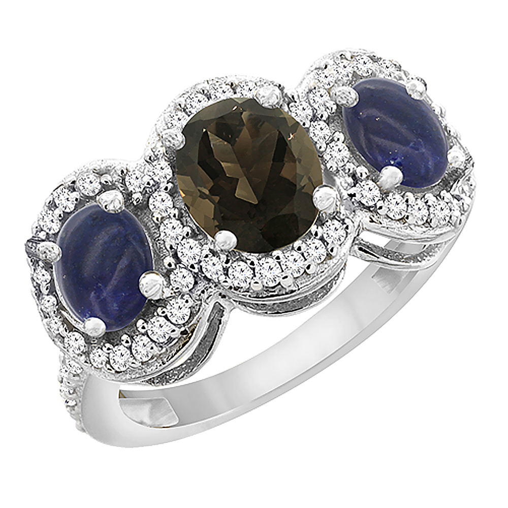 14K White Gold Natural Smoky Topaz & Lapis 3-Stone Ring Oval Diamond Accent, sizes 5 - 10