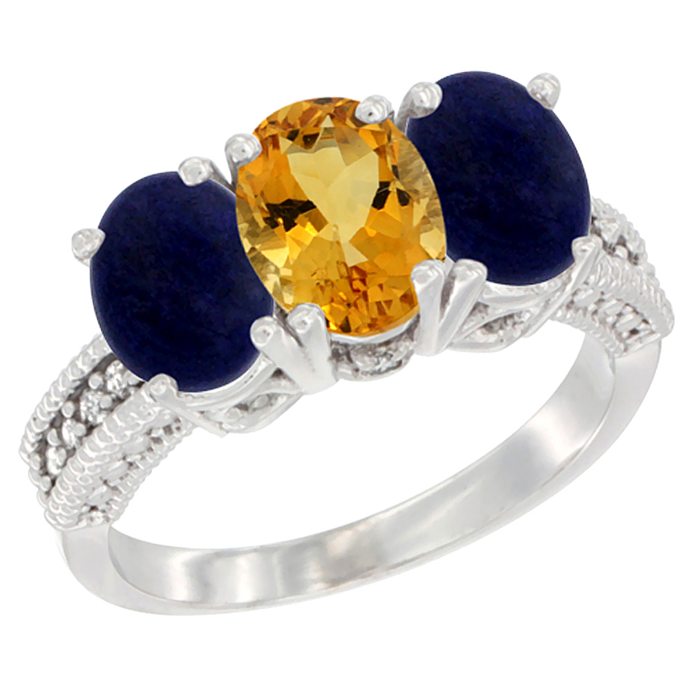 10K White Gold Diamond Natural Citrine &amp; Lapis Ring 3-Stone 7x5 mm Oval, sizes 5 - 10