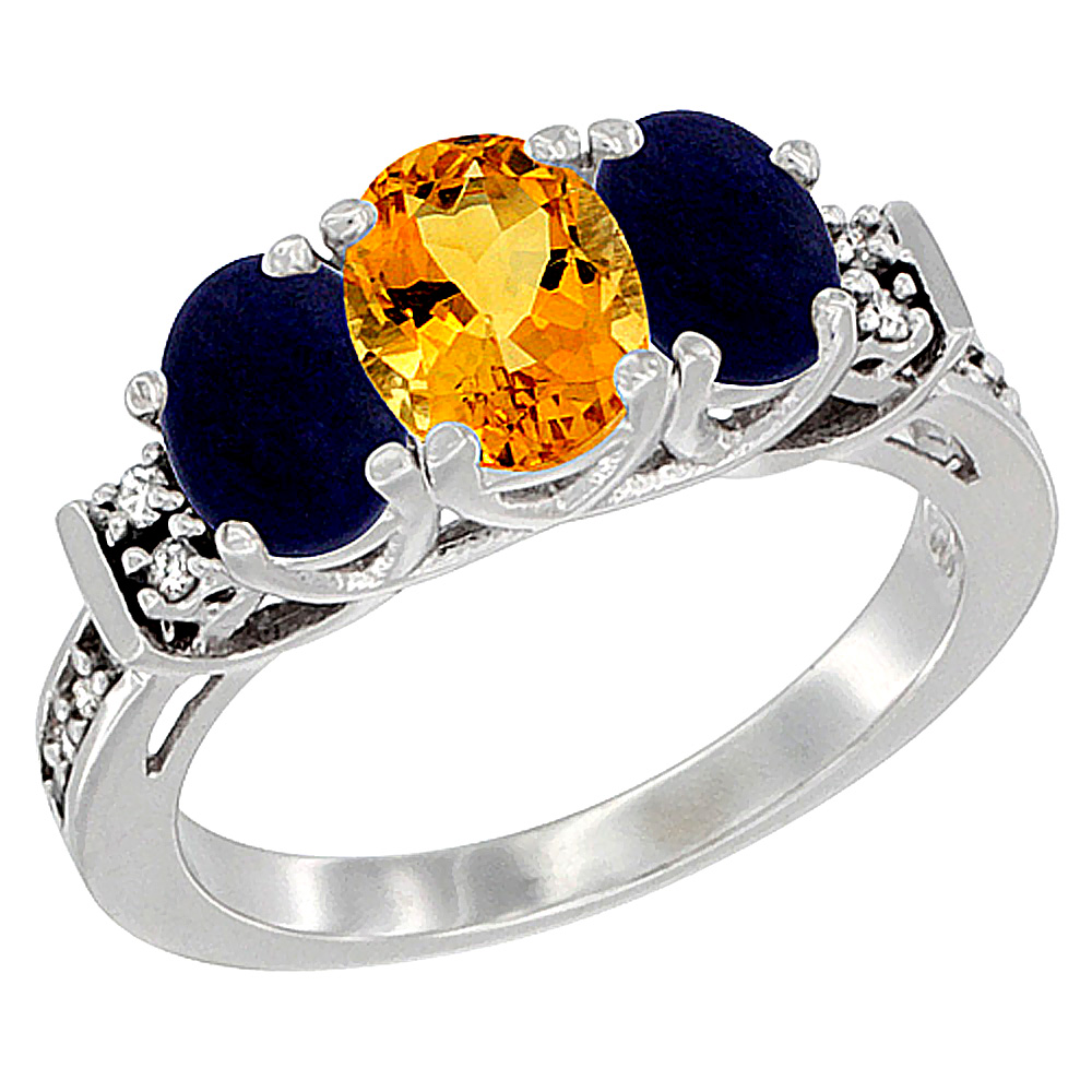 14K White Gold Natural Citrine & Lapis Ring 3-Stone Oval Diamond Accent, sizes 5-10