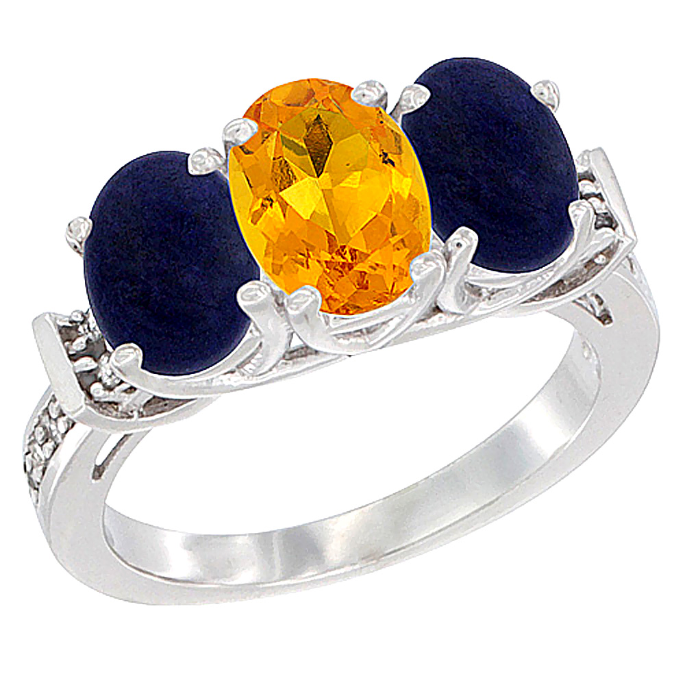 10K White Gold Natural Citrine & Lapis Sides Ring 3-Stone Oval Diamond Accent, sizes 5 - 10