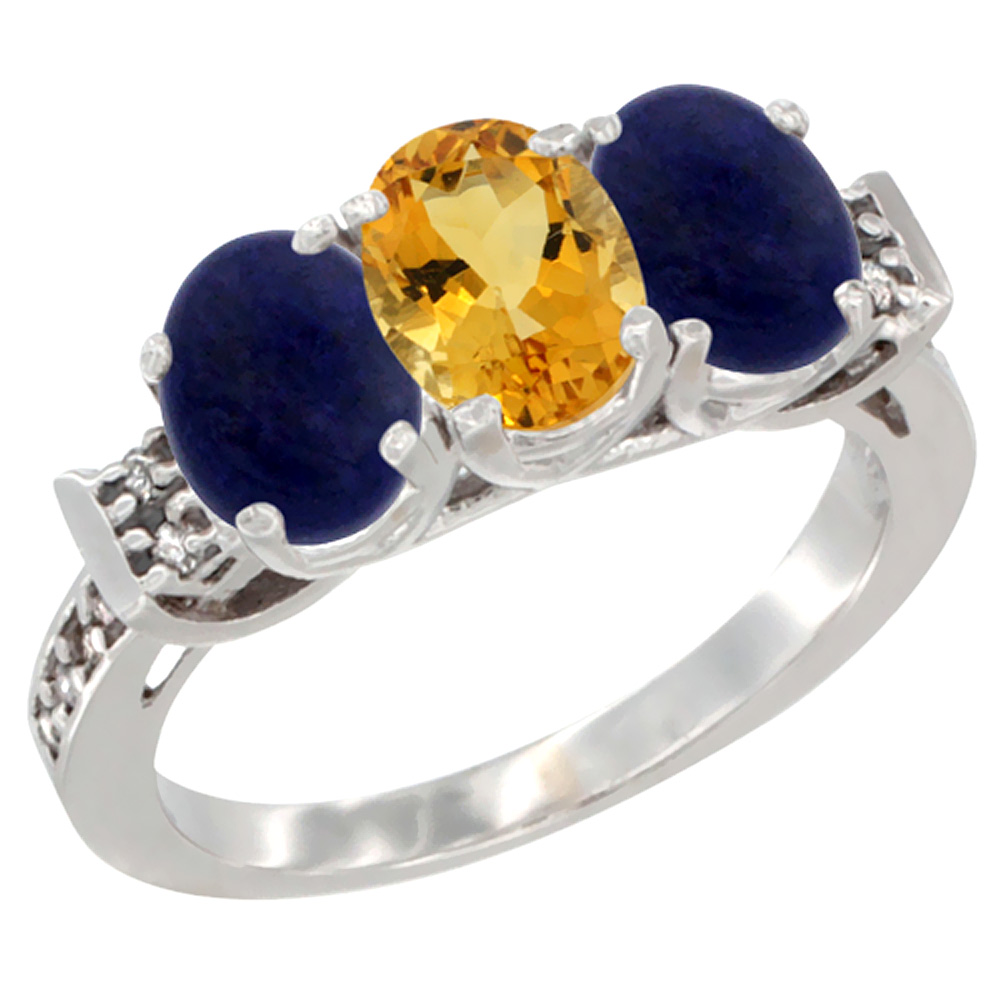 10K White Gold Natural Citrine & Lapis Sides Ring 3-Stone Oval 7x5 mm Diamond Accent, sizes 5 - 10