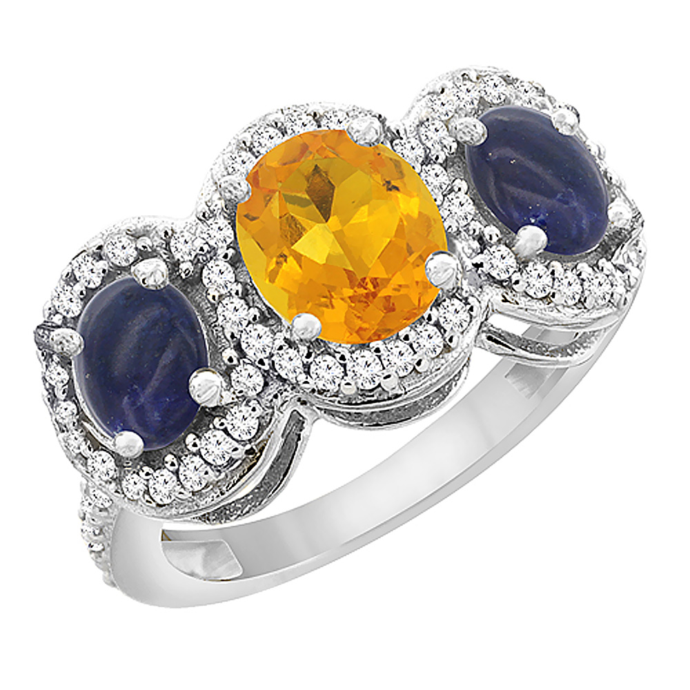 10K White Gold Natural Citrine & Lapis 3-Stone Ring Oval Diamond Accent, sizes 5 - 10