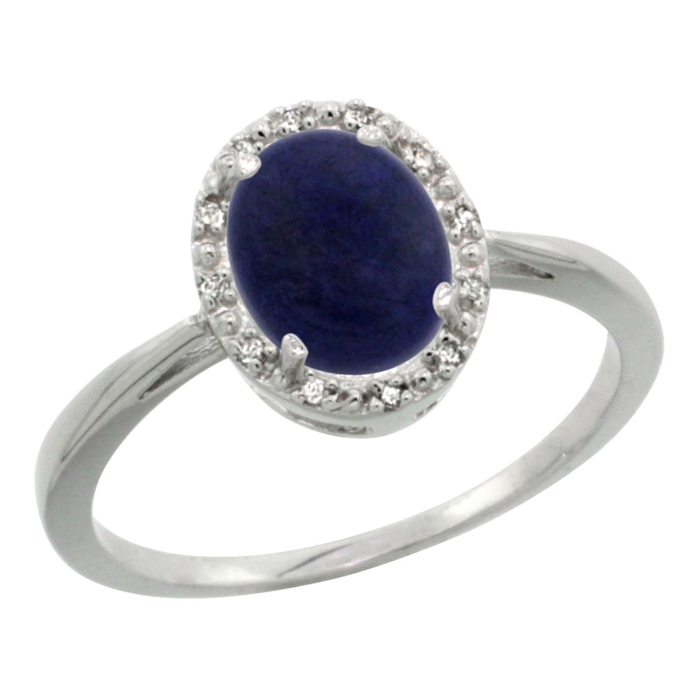 14K White Gold Natural Lapis Diamond Halo Ring Oval 8X6mm, sizes 5 10