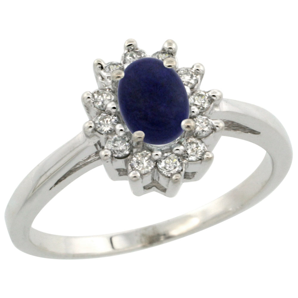 14K White Gold Natural Lapis Flower Diamond Halo Ring Oval 6x4 mm, sizes 5 10